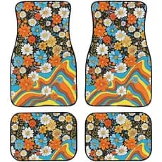 Conjunto de 4 peças de tapete de carro Hippie flor margarida dos anos 80, tapete de carro feminino retrô moderno com flo