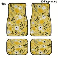 JIT, 4 peças de tapetes para pés de carro, padrões de flores de fundo amarelo, tapetes gerais de carro, fáceis de limpar