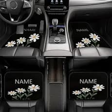 4 unidades, tapetes de carro. Nomes e números personalizáveis Padrões de margaridas brancas Tema de tapetes de carro Pad