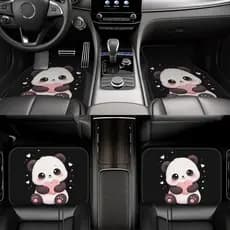 Pacote de 4 peças com estampa 2D de Panda de desenho animado fofo estampado tapetes de pés de carro, macios e confortáve