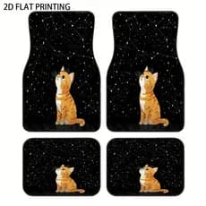 JIT 4 PCS Tapetes para pés de carro Noite estrelada Laranja Gato Etéreo Impressão de padrão atraente, Tapetes universais