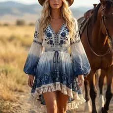 Vestido de Verão 2026 Estilo Étnico com Mangas Sino, Decote em V Floral, Saia Curta Jeans Ocidental de Cintura Alta com