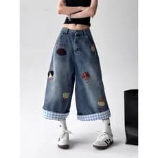 Shorts de Denim com Bordado de Cachorrinho Desgastado, Tendência 2026, para Mulheres, Calças Cropped Largas e Soltas de