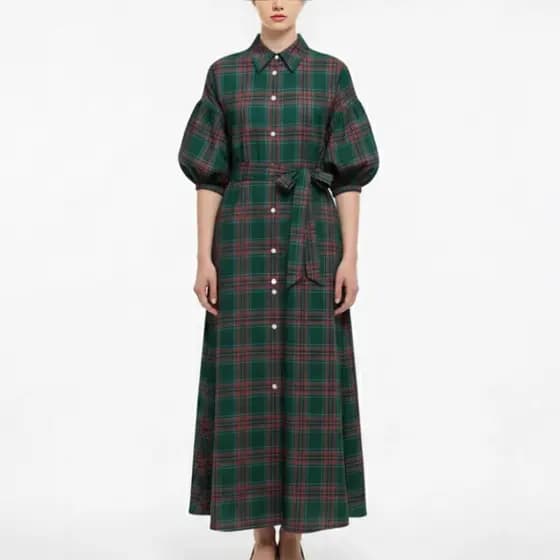 2026 Novo Vestido Camisa Casual Longo Feminino com Elementos de Natal em Xadrez Verde e Vermelho, Moda Feminina, Roupas