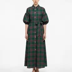 2026 Novo Vestido Camisa Casual Longo Feminino com Elementos de Natal em Xadrez Verde e Vermelho, Moda Feminina, Roupas