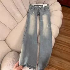 Calças Flare Femininas de Cintura Baixa, Soltas e Não Justas, com Patchwork de Renda, Estilo Retrô Lavado e Cor Clara, N
