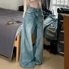 Calça Jeans Feminina de Perna Larga com Strass 2026, Novo Estilo 2026, Caimento Solto, Comprimento até o Chão, Calça Ret