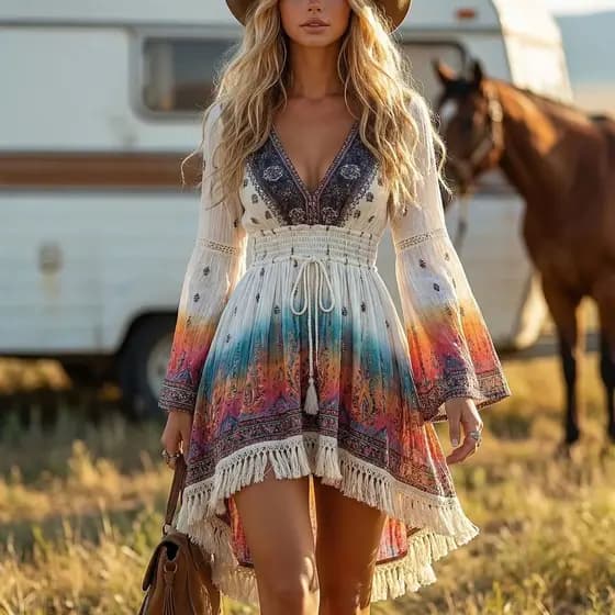 Vestido de Verão 2026 Estilo Étnico com Mangas Sino, Estampa Floral, Decote em V, Corte A, Efeito Emagrecedor, Cintura A