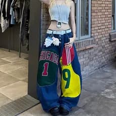 Calças Jeans Femininas Patchwork Estilo Hip-Hop Retrô Americano, Tendência 2026, Caimento Solto, Efeito Emagrecedor, Per