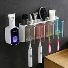 Porta Escova de Dente com 4 Copos e Dispenser Automático - Organizador de Banheiro Autocolante
