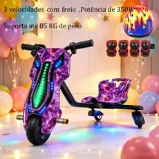 Triciclo Infantil Elétrico Drift 350W LED Bluetooth 3 Velocidades Kart Criança | Kit Proteção