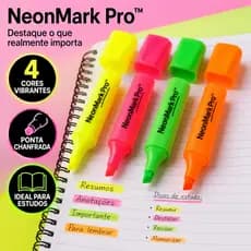 Kit Marca Texto Neon 4 Cores Caneta Marca Texto Escolar Profissional NeonMark Pro
