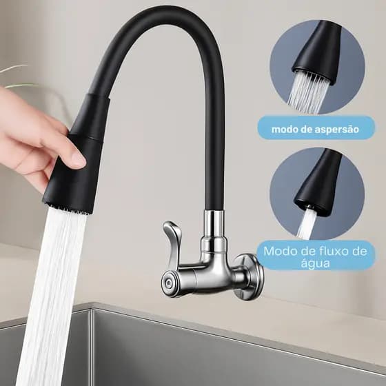 Torneira Inox Prata flexível Duplo Jato Cone com chuveiro com rotação de 360° Cozinha Luxo Parede