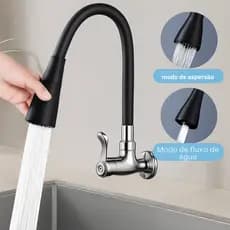 Torneira Inox Prata flexível Duplo Jato Cone com chuveiro com rotação de 360° Cozinha Luxo Parede