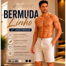 Bermuda Linho Masculina Casual Premium Cós de Botão Até 48