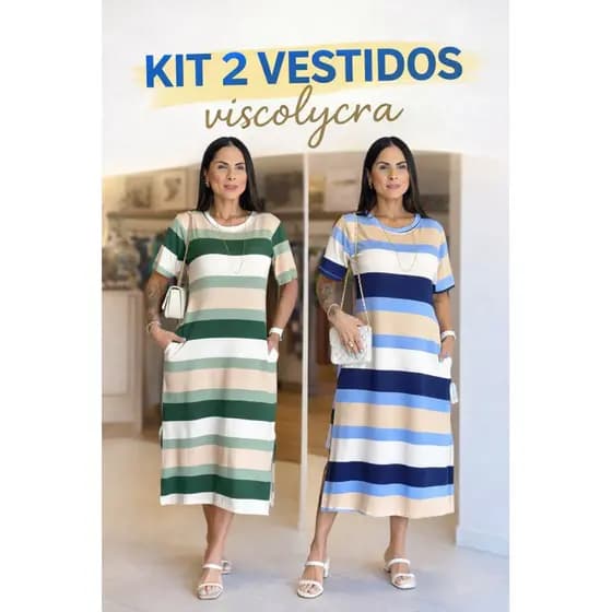 Kit 2 Vestidos Midi Feminino Viscolycra Listrado Confortável Casual Veste até 44