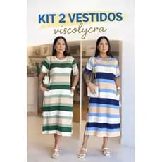 Kit 2 Vestidos Midi Feminino Viscolycra Listrado Confortável Casual Veste até 44