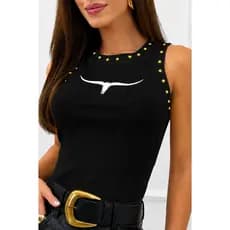 Regata Canelada Premium Boiadeira Feminina Country com Tachinhas Douradas Tamanho Único Veste Até 42