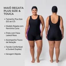 Maiô Macaquinho de Natação e Hidroginástica Plus Size Feminino + Touca Curto em Suplex com Faixa Lateral – do GG ao G7