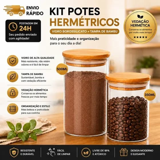 Kit 2 Potes Vidro 350ml e 500ml Tampa de Bambu - Vedação Hermétrica Eficiente Armazenamento Organização