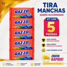 Kit 5 Sabão Razzo 150g Tira Manchas Difíceis Glicerinado Roupas Brancas e Coloridas