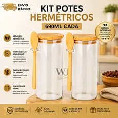 Kit 2 Potes de Vidro 690ml Tampa e Colher de Bambu ~ Vedação Hermétrica Eficiente | Porta Mantimentos