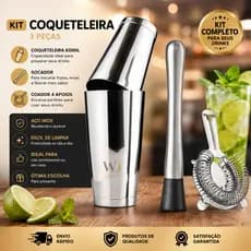 Kit Caipirinha 3pçs Coqueteleira 820ML - Macerador / Socador - Coador Strainer | Bartender Drinks