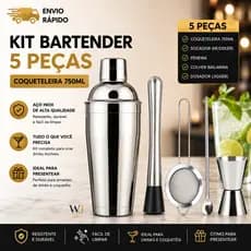 Kit Caipirinha Coqueteleira Inox + Dosador + Macerador/ Socador + Peneira + Colher Bartender Drinks