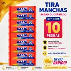 Kit 10 Sabão Razzo 150g Tira Manchas Difíceis Glicerinado Roupas Brancas e Coloridas