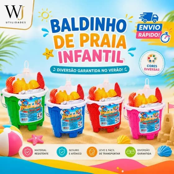 Baldinho de Areia para Praia Infantil Castelinho Kit Brinquedos Pá Garfo Cores Diversas