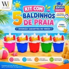 Kit 5 Baldinho de Praia Infantil Castelinho Areia Brinquedos Pá Garfo Forminhas Formato Cores Diversas