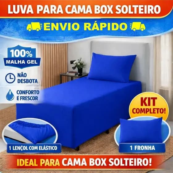 Kit Luva Cama Box Solteiro  Malha Premium  +1 Fronha tipo luva para cama Box conjugado