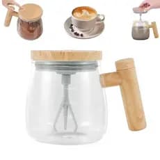 Caneca Misturadora Elétrica Automática de Vidro Alça Madeira, Misturador Tridente para Café, Leite em Pó, Whey Protein