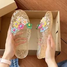 Sandálias de sapatos de cristal de venda quente plana transparente meio chinelos sapatos exteriores geléia 2026 chinelos