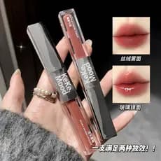 Brilho labial de duas cabeças fosco espelho brilho labial brilho labial clareamento Pseudo-Face lama labial óleo brilho