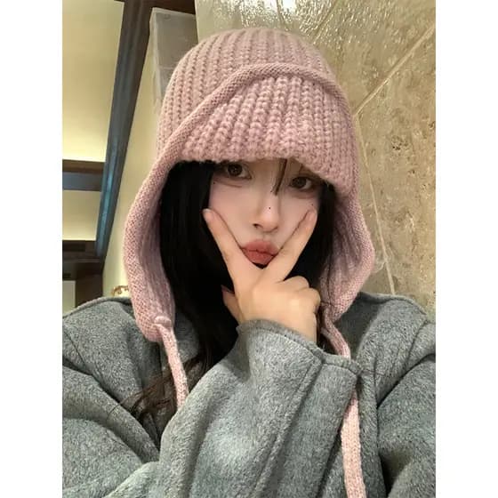 Chapéu de lã de malha rosa feminino outono inverno estilo coreano All-Match rosto-olhando pequeno chapéu voador quente p