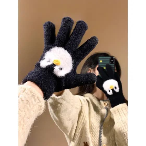 Bonito dos desenhos animados pinguim luvas de malha de pelúcia 2025 novo estilo meninas inverno ao ar livre ciclismo que