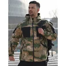 Jaqueta ao ar livre masculina forro de lã de casca macia Multi-bolso costura jaqueta com capuz 2026 novo estilo à prova