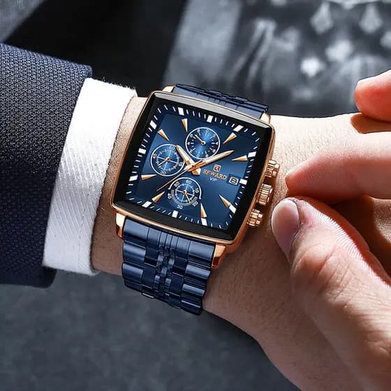 Relógio quadrado masculino azul novo estilo na moda não mecânico à prova dwaterproof água banda de aço masculino relógio