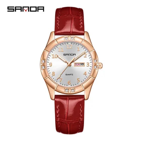 Genuíno novo estilo SANDA moda cinto vermelho à prova dwaterproof água senhoras relógio diamante duplo calendário lumino