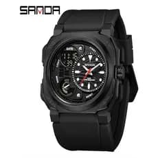 Relógio de marca Sanda com mostrador grande, dois lugares, soneca, multifuncional, luminoso, Display duplo, quadrado, à
