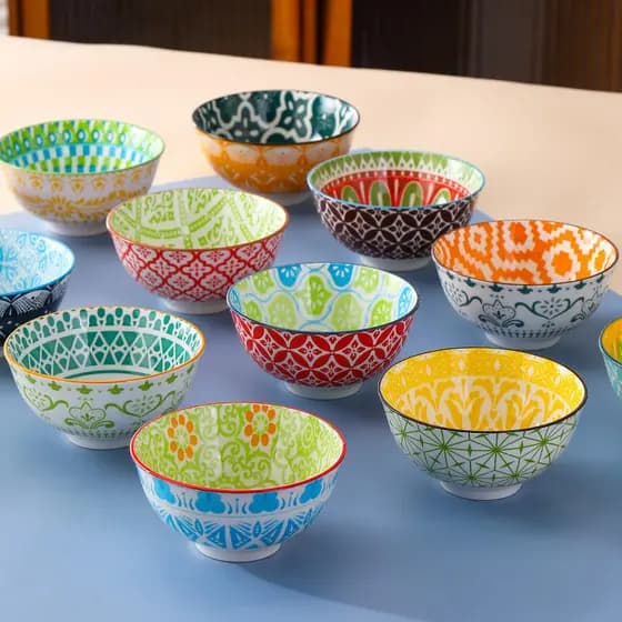 Amazon Underglaze dupla face máquina impressa tigela de arroz colorido de pés altos tigela de porcelana exótica presente