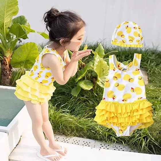 Meninas de uma peça pequeno pato amarelo maiô moda menina bebê bonito pequena princesa verão maiô menina crianças maiô