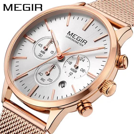 Megel MEGIR Homens Mulheres Moda Negócios Pulseira de Malha de Aço Inoxidável Cronógrafo À Prova D 'Água Relógio de Quar