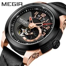 Megel MEGIR Relógio mecânico masculino totalmente automático, movimento importado, pulseira de couro oco, relógio esport