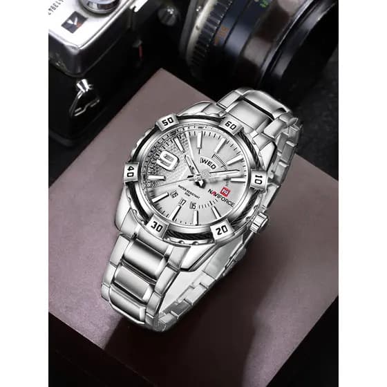 Naviforce aço inoxidável Display duplo movimento à prova dwaterproof água calendário relógio moda toda banda de aço pret