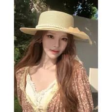 Sombrinha chapéu de praia pérola Retro protetor solar beira-mar Hepburn chapéu de palha feminino verão francês plana sup