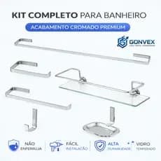Kit Acessórios Quadrado 5 Peças + 1 Porta Shampoo Reto Inox e Alumínio Cromado Porta Toalhas Papeleira Saboneteira