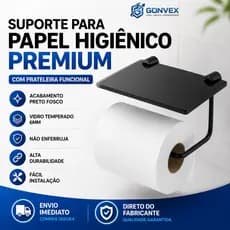 Papeleira Porta Papel Higiénico Com Prateleira De Vidro Para Celular Preto Fumê