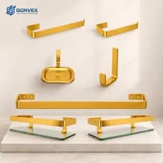 Kit Acessórios Para Banheiro Quadrado 5 Peças Luxo Dourado + 2 Porta Shampoo Reto de vidro